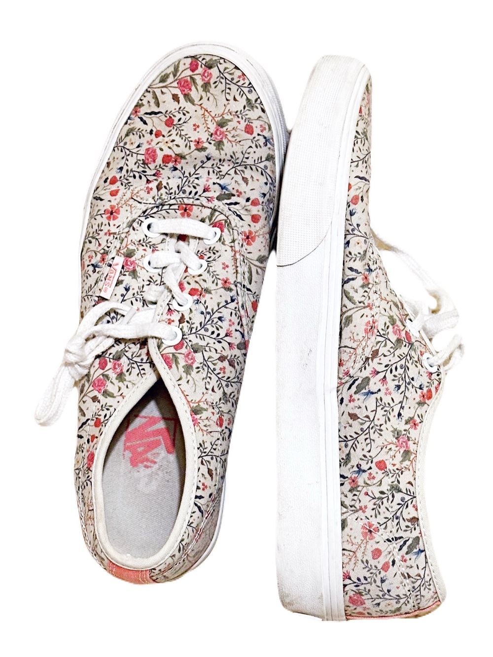 Vans Floral Canvas Lace-Up Sneakers - White with Pink & Green Accents